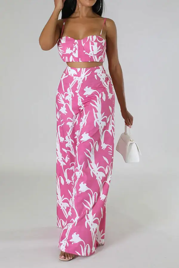 Floral Print Wide-Leg Spaghetti Strap Pant Set