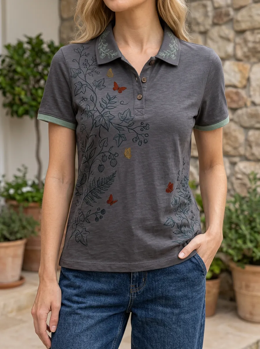Women's Nature Lover Butterfly Botanical Printed Polo Shirt