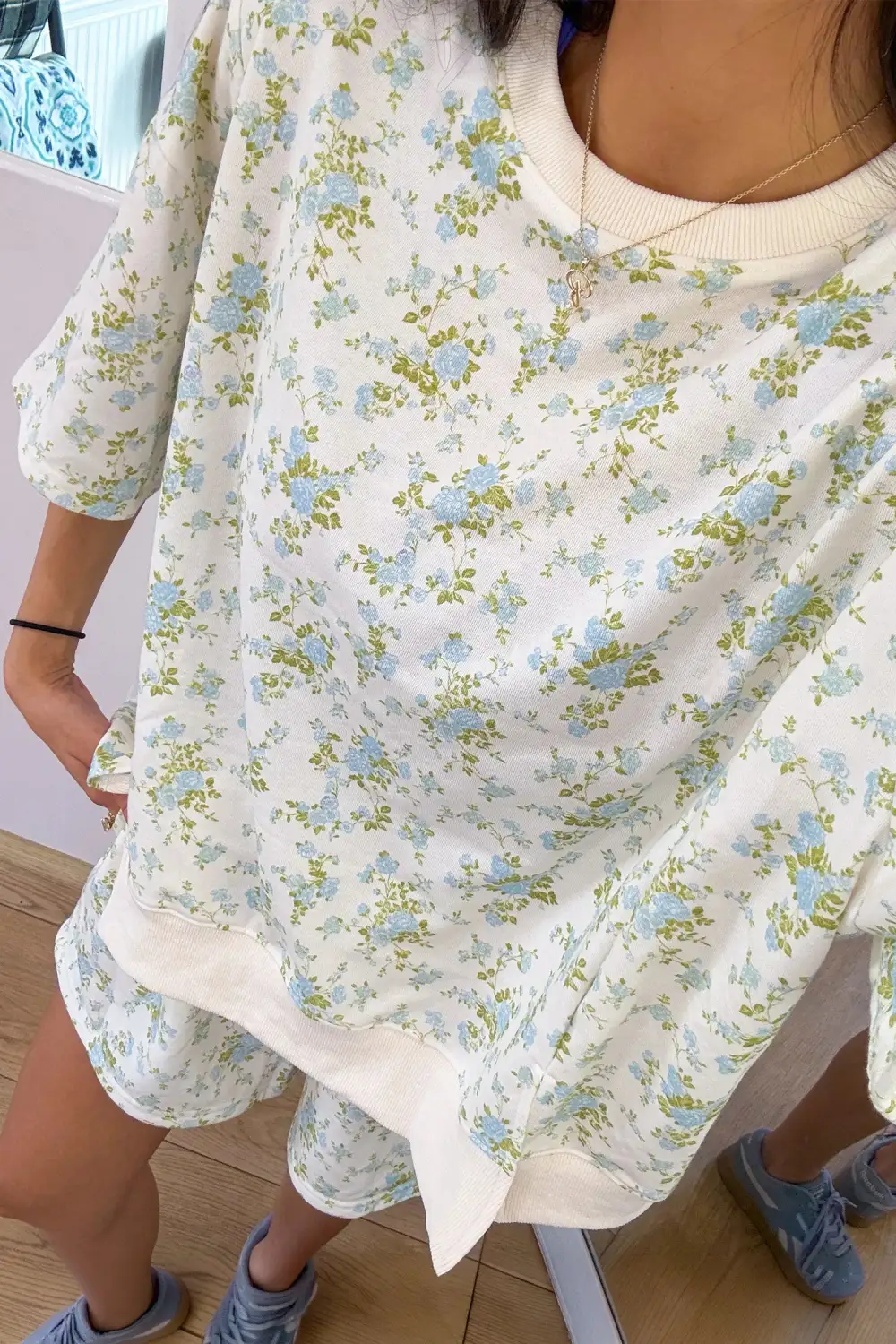 Women's Floral Print Short Sleeve Elastic Waist Pocket Two Piece Set
