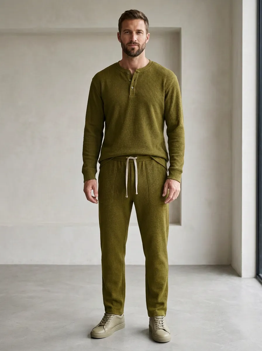 Modern Waffle Knit Henley Jogger Pants Finish Men's Long Sleeve Top and Pants Two Piece Set