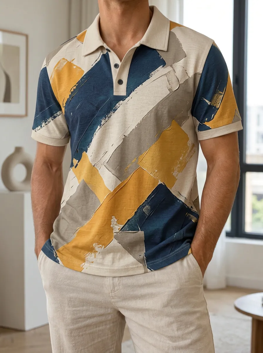 Men's Abstract Brushstroke Pattern Printed Polo Shirt Relaxed Daily Style