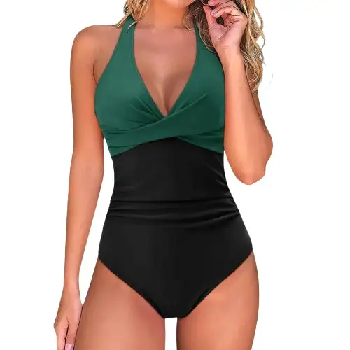  Floral Halter V Neck Ruched Swimsuit Apparel