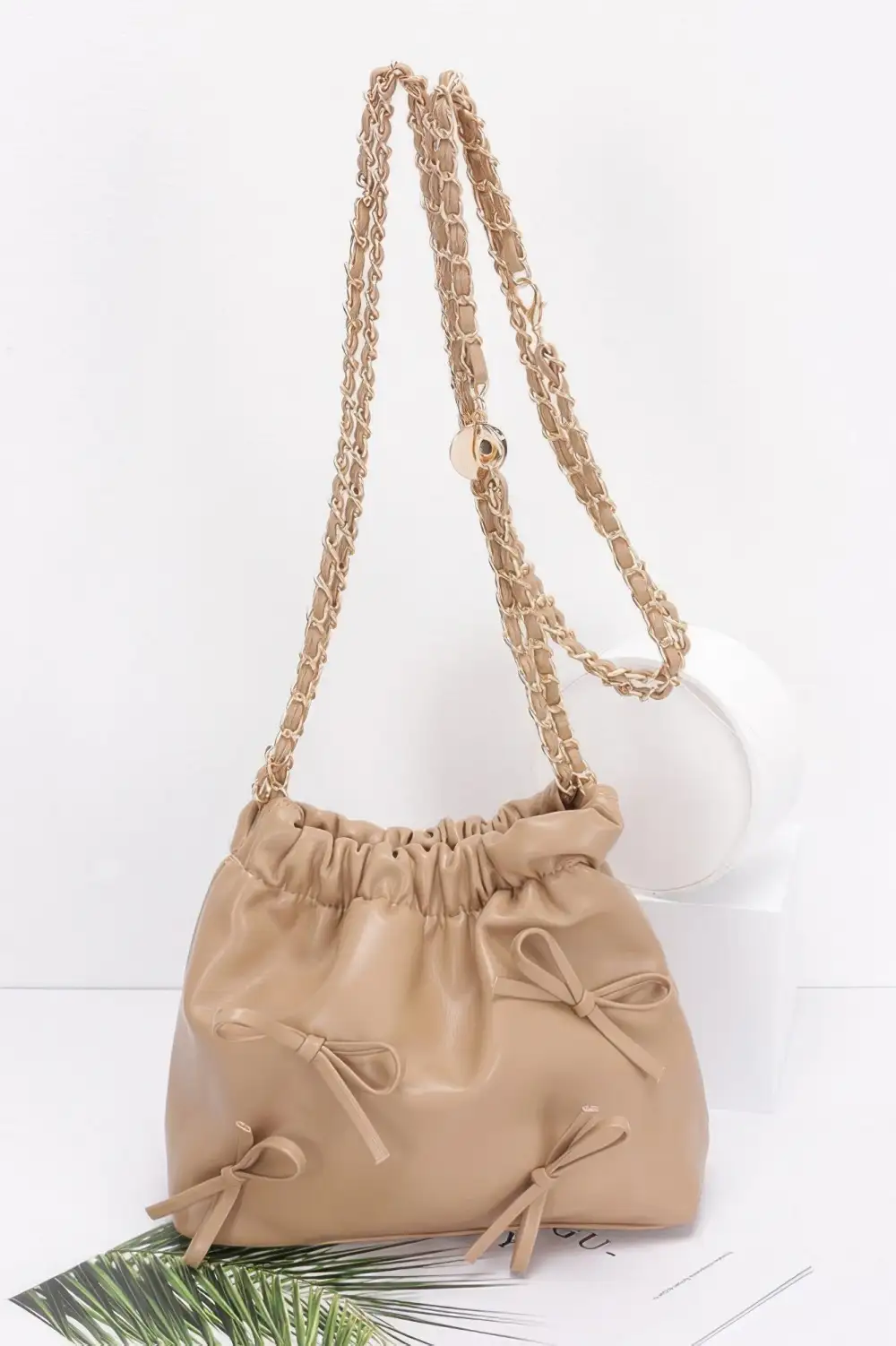 Faux Leather Multi Ribbon Bucket Chaincrossbodybag Crossbody Bag
