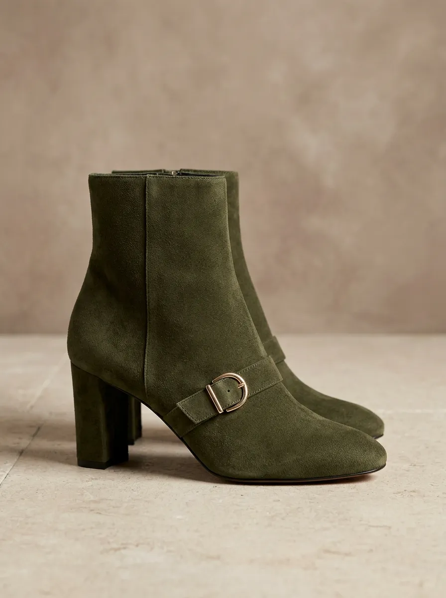 Buckle-Strap Buckle-Detail Block-Heel Suede-Look Women's High-Heel Ankle Boots