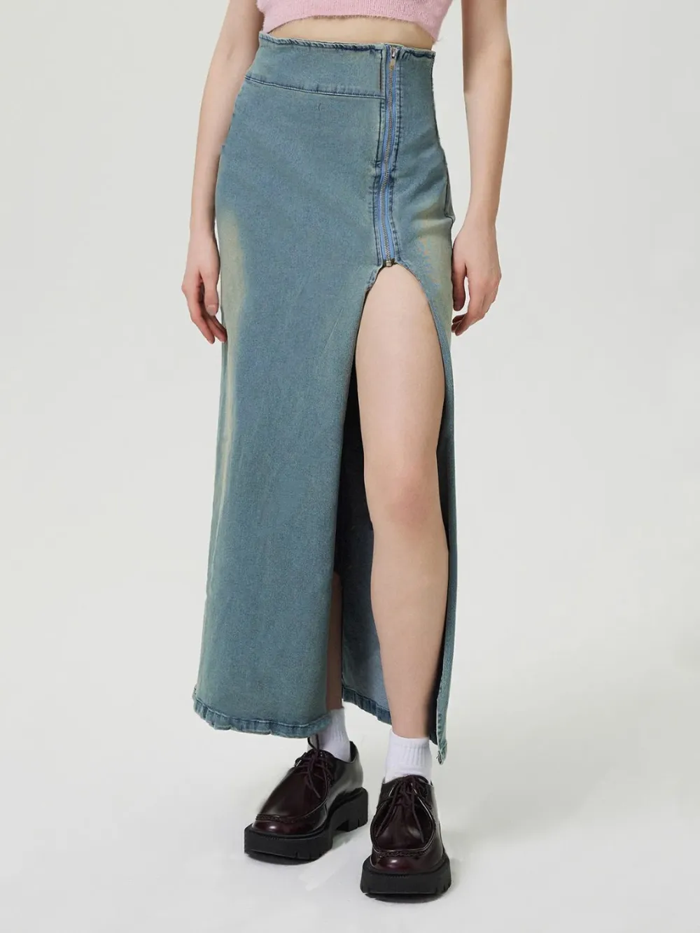 Loose Denim Cotton Blend Detail Skirt