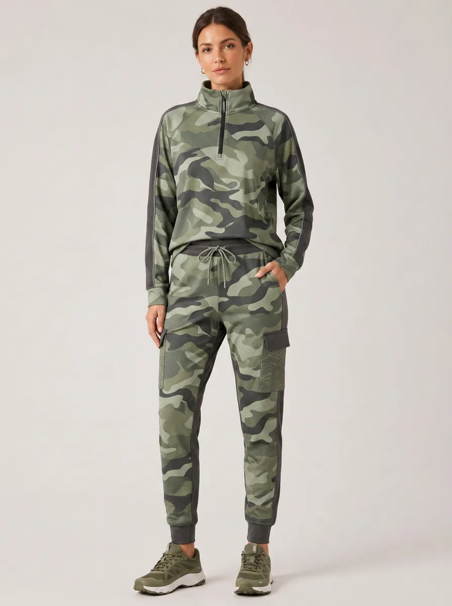 Women's Activewear Camouflage Printed Quarter-Zip Jogger Set