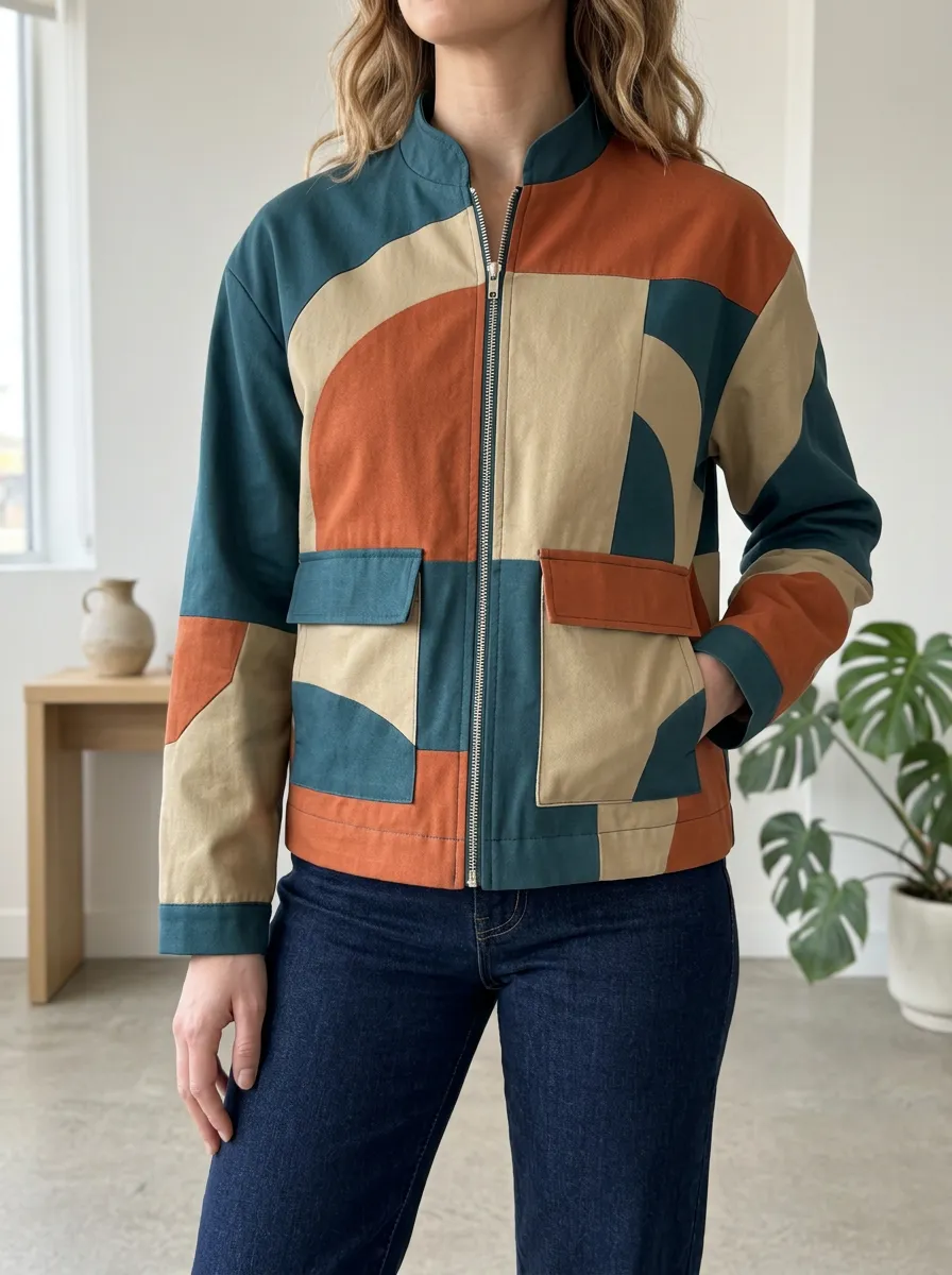 Women's Geometric Colorblock Abstract Printed Jacket