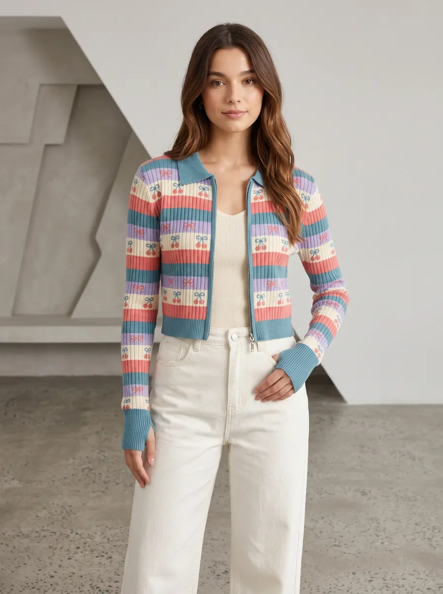 Women's Cherry Bow Pattern Striped Knitted Zip-up Cardigan