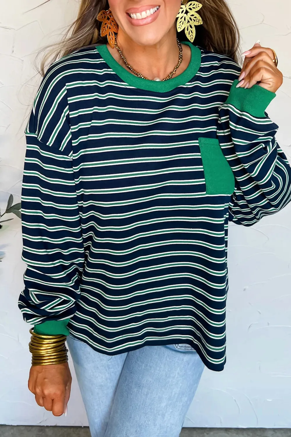 Green Stripe Ribbed Block Patchwork Top