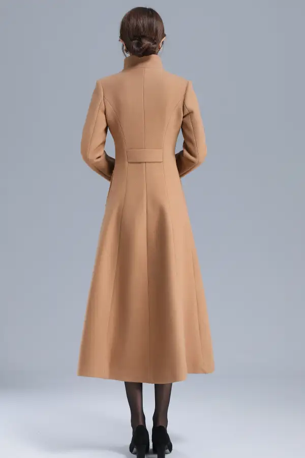 Wool Blend Single Breasted Stand Collar Pocketed Long Coat