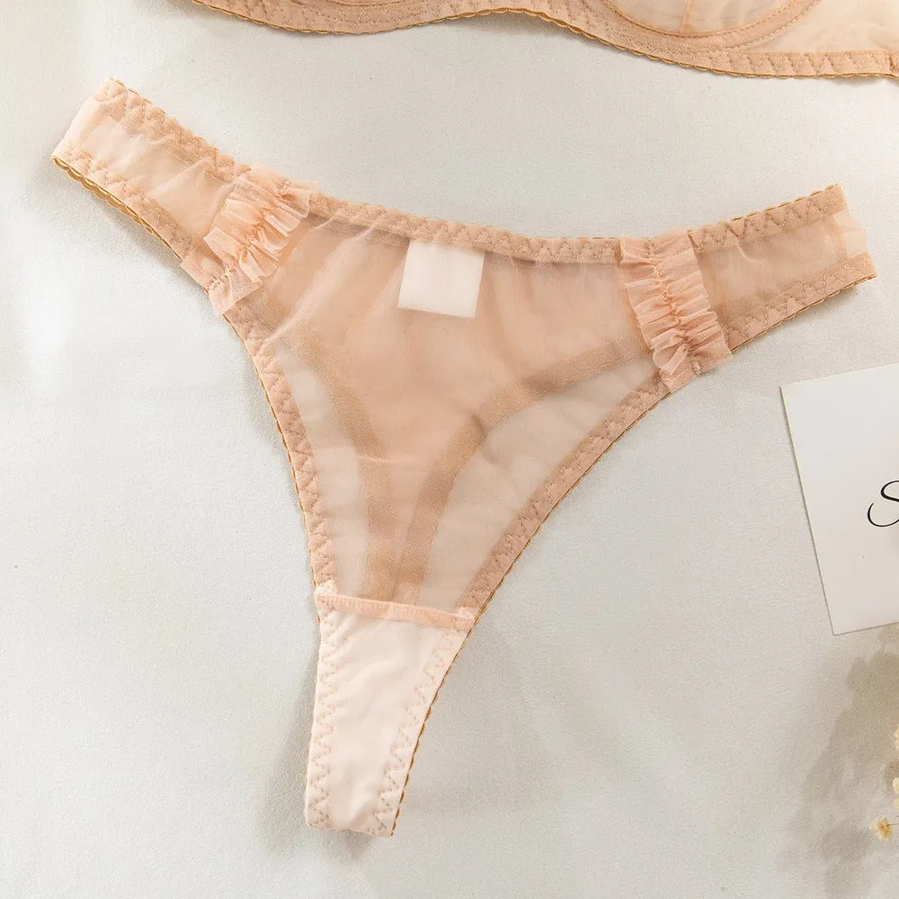 Gathered Pleated Mesh Underwire Lingerie Set