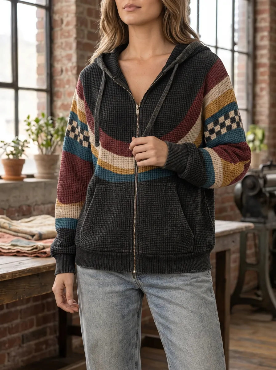 Women's Boho Striped Checkerboard Pattern Printed Waffle Zip Hoodie