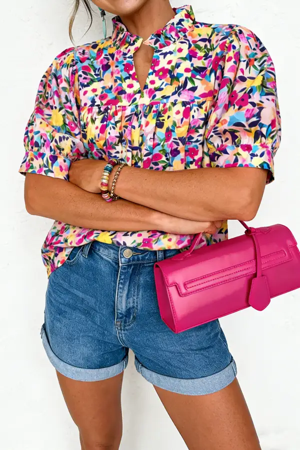 Women's Floral Print Flower Motif Frilled Collar Top
