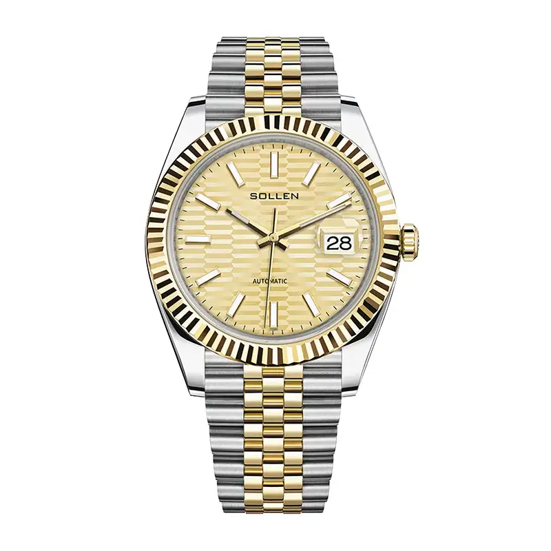 Sollen 9062 Automatic Watch - Men's Classic 36mm Fluted Bezel Cyclops Date 5-Bead Steel Bracelet Wristwatch