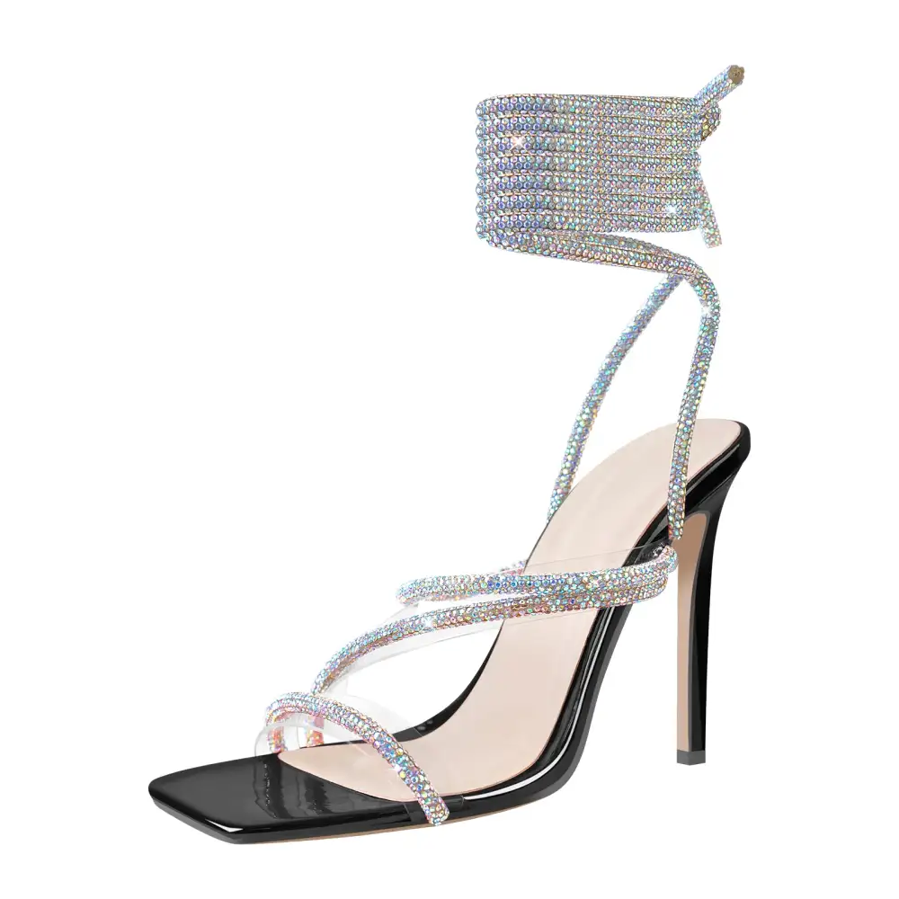Rhinestone Strap Lace Up High Heel Sandals