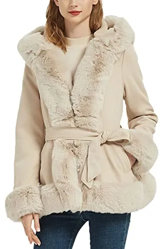 Faux Suede Leather Coat Women Fall and Winter Fashion Hood Jacket with Fur Collar