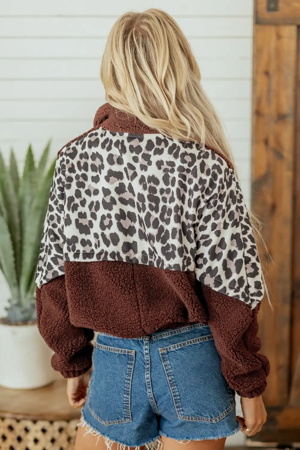 Women's Leopard Patchwork Fleece Western Style Zip Up Collar Jacket