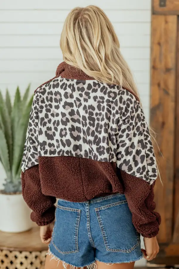 Women's Leopard Patchwork Fleece Western Style Zip Up Collar Jacket