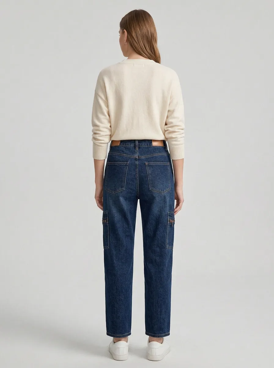 Women's Modern Casual High-Waisted Cargo Pocket Denim Straight Jeans