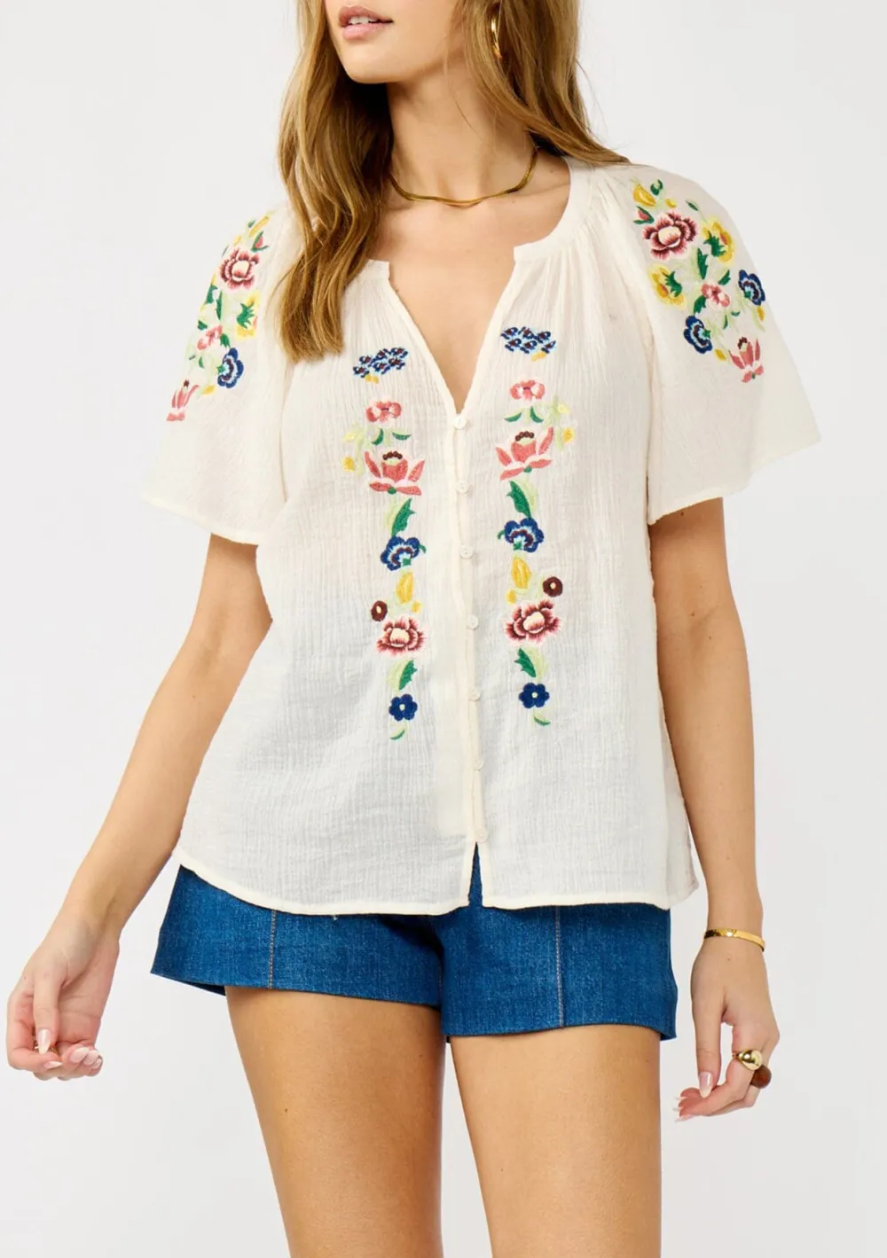 Floral Embroidered Notched Blouse
