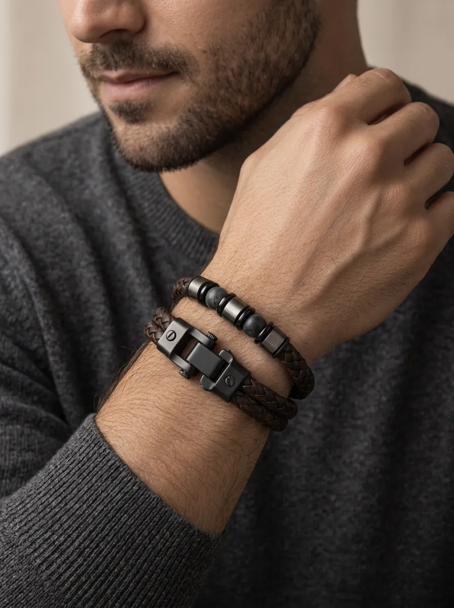 Men's Braided Leather Matte Finish Metal Bead Stacked Bracelet