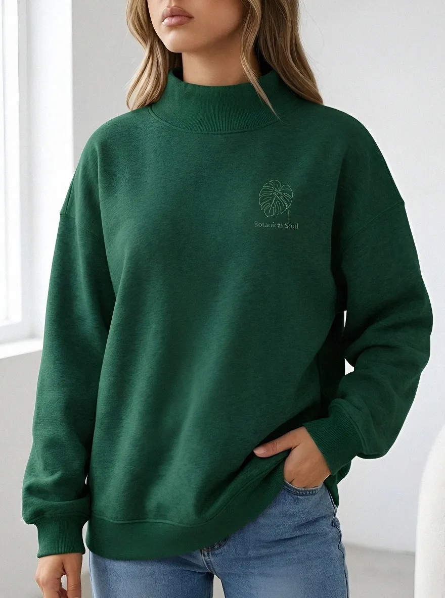 Women's Botanical Soul Monstera Leaf Printed Mock Neck Sweatshirt