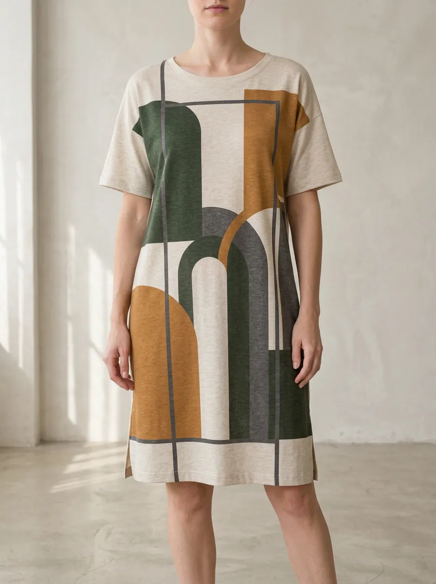 Women's Dropped Shoulder Abstract Geometric Print T-Shirt Dress