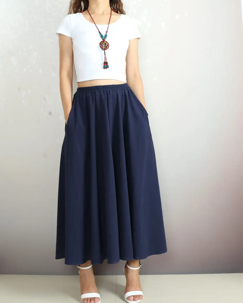 Boho Linen Flared Midi Skirt