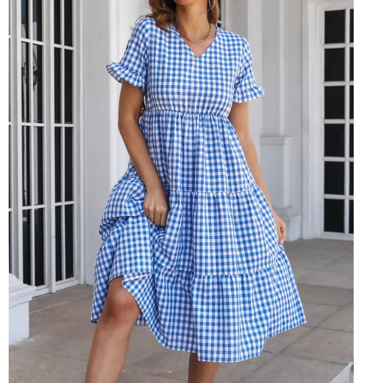V-Neck Short Sleeve Midi Dress