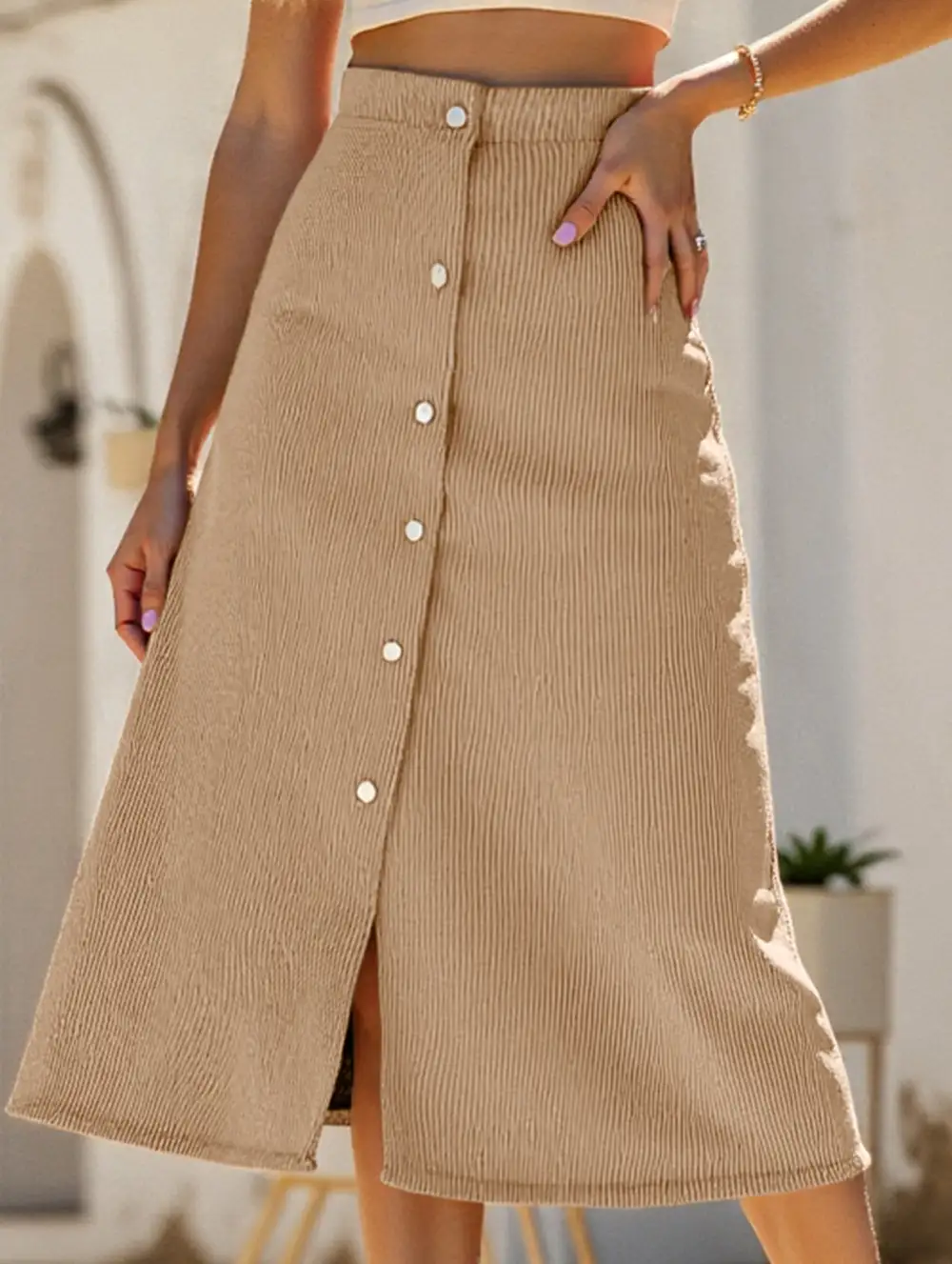 Corduroy Button Front Midi Skirt