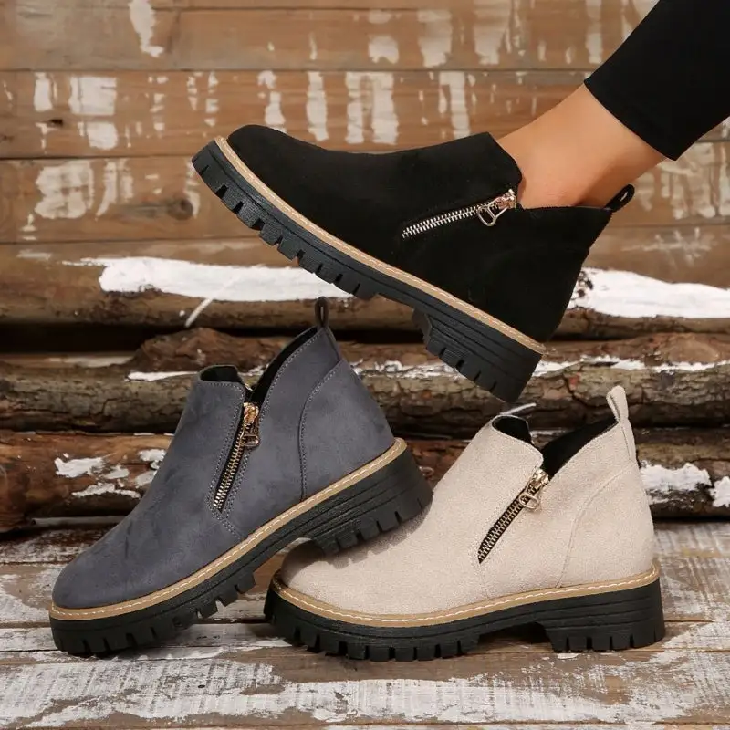 Pull On Buckle Strap Ankle Boots