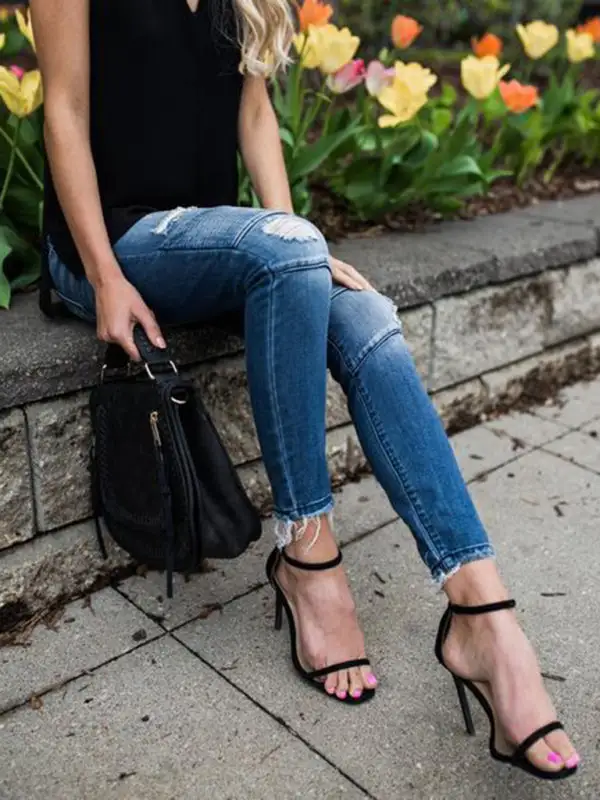 Fitted Pleated Destroyed Stretch Penny Denim Jeans