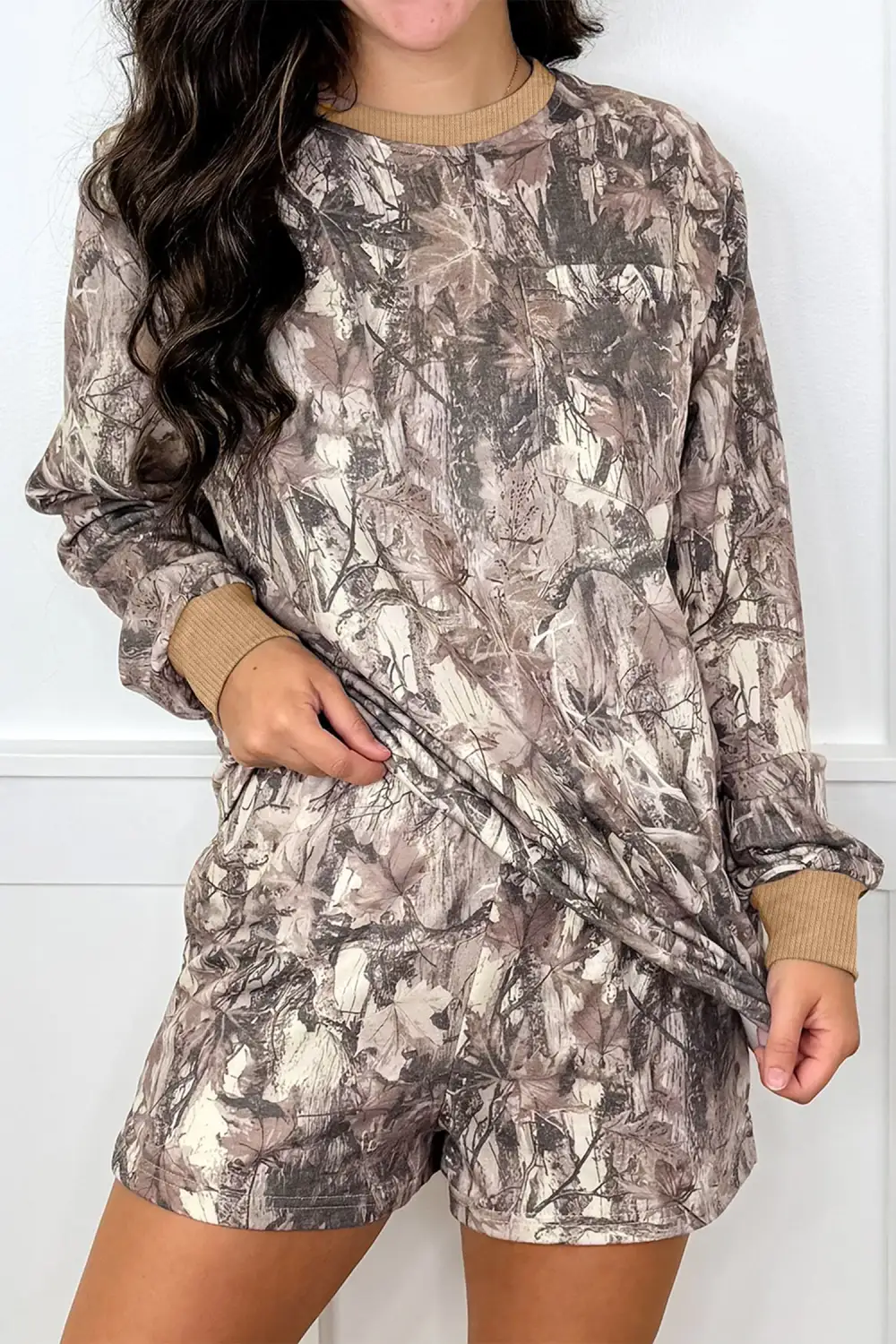 Women's Woodland Camo Print Long Sleeve Top Casual Short Set