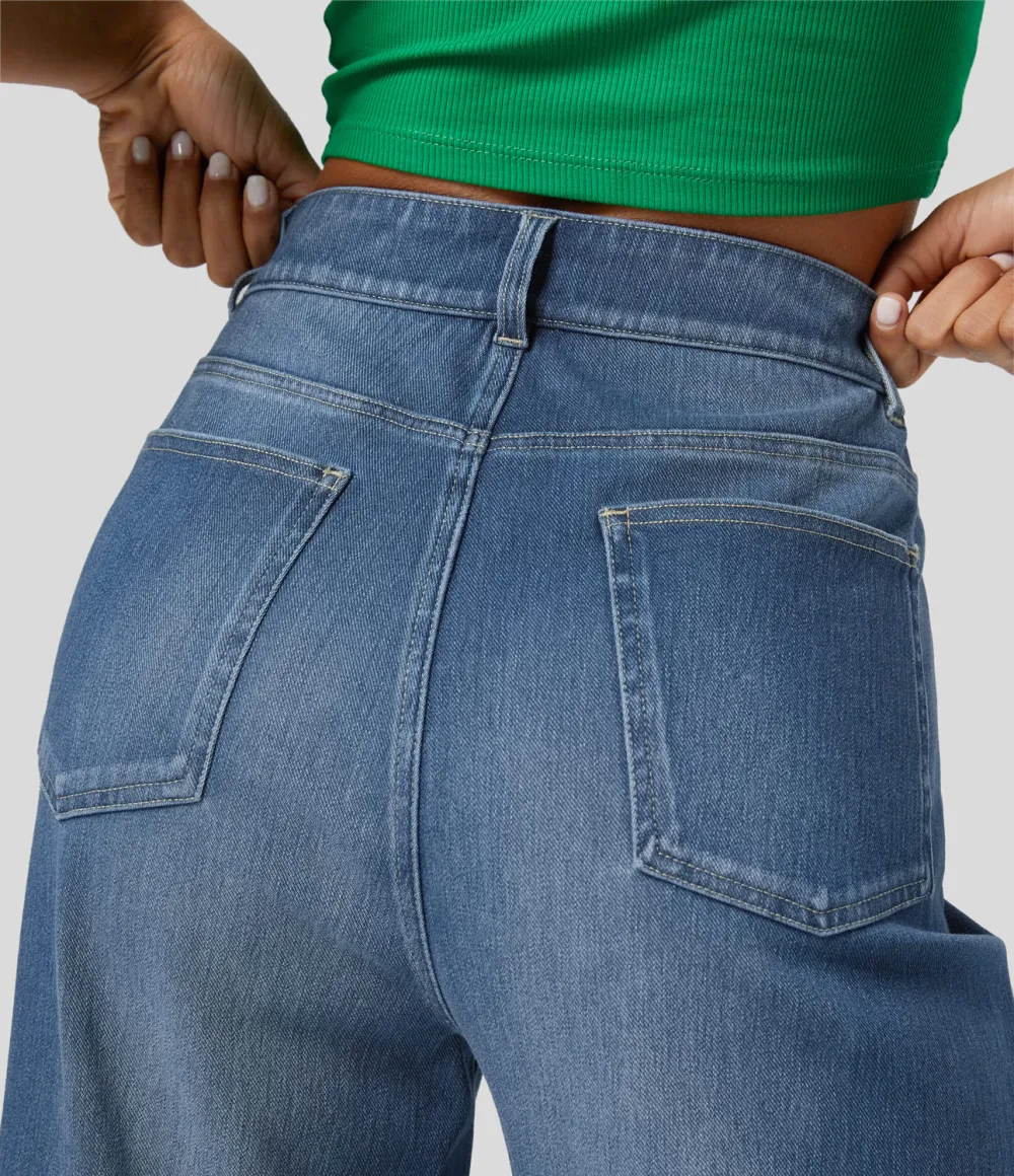 Magic High Waisted Multiple Pockets Rolled Hem Wide Leg Washed Stretchy Knit Casual Jeans
