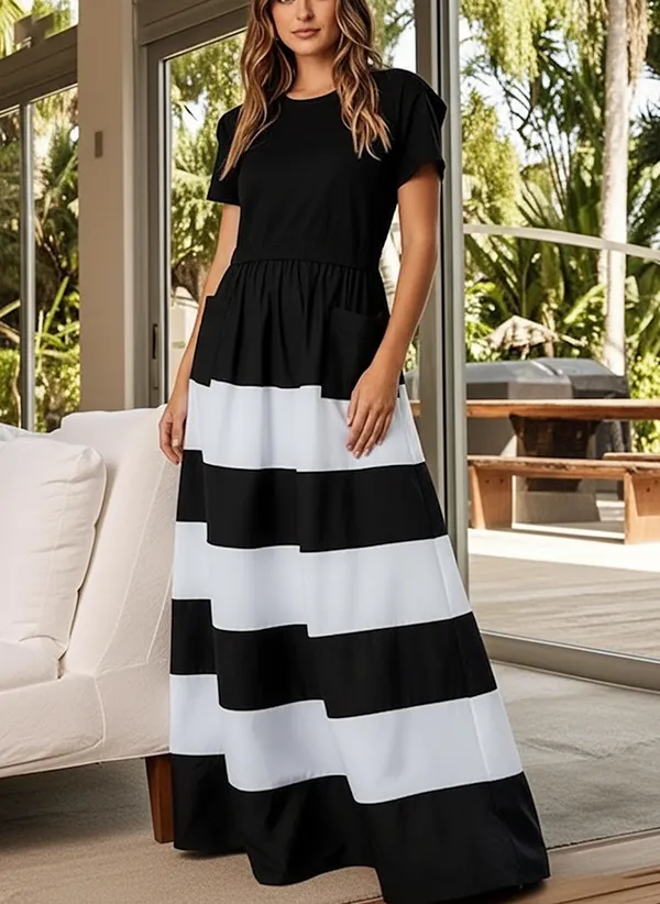 High Round Pleated Neck Maxi Dress