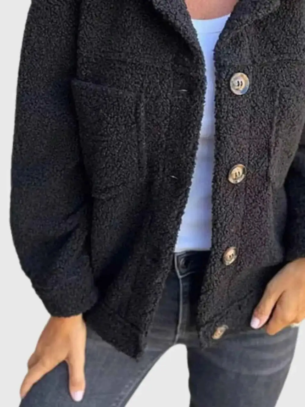 Plus Size Single Breasted Sherpa Shacket
