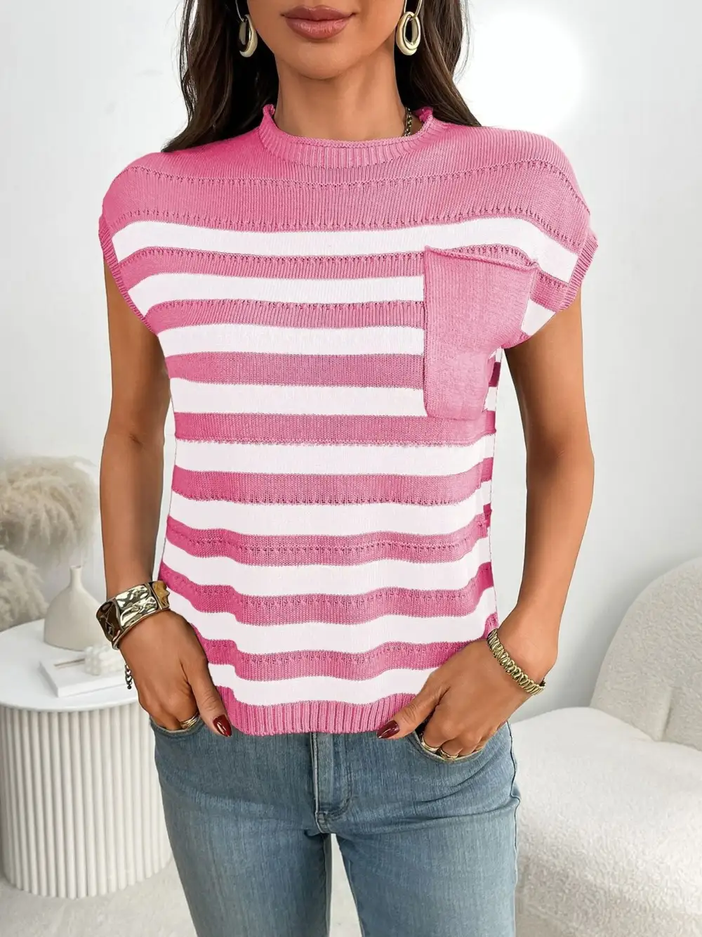 Striped Knit Pocket Detail Cap Sleeve Sweater