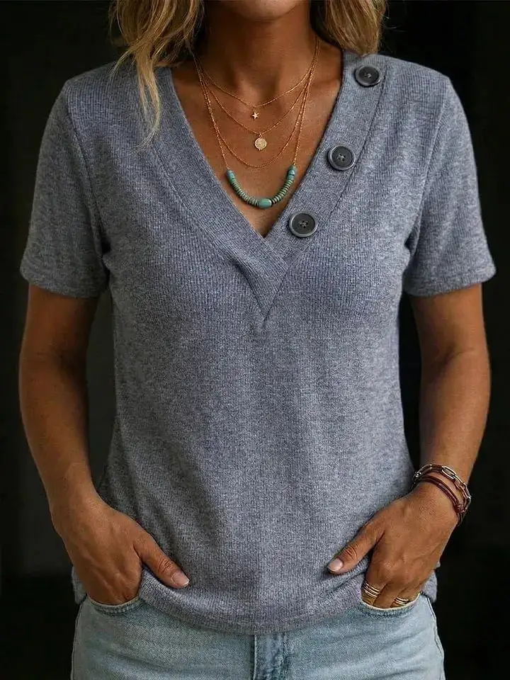 Button Detail V-Neck Tee