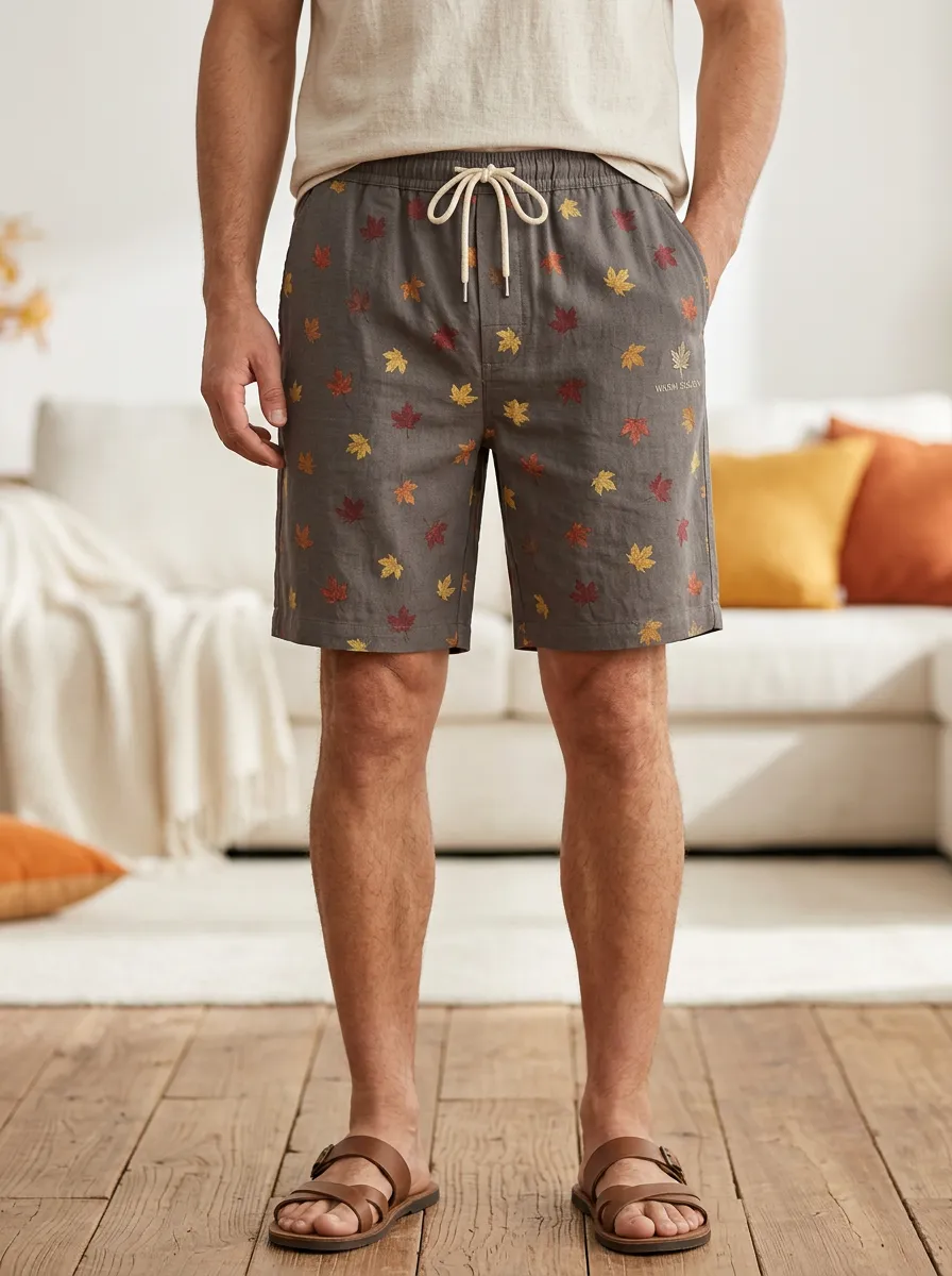 Maple Leaf Print Drawstring Charcoal Shorts