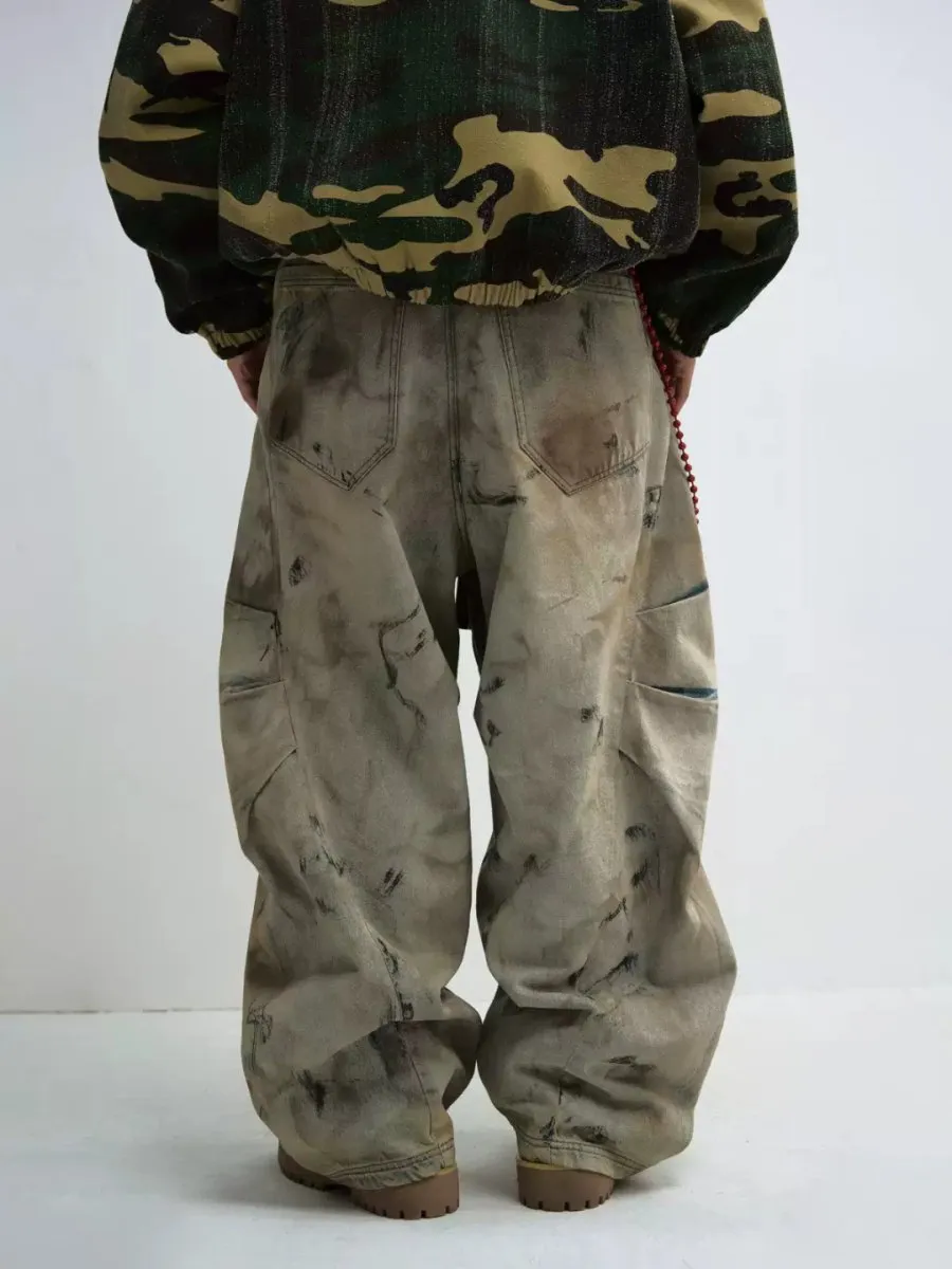 Wide-Leg Washed Cargo-Pocket Jeans