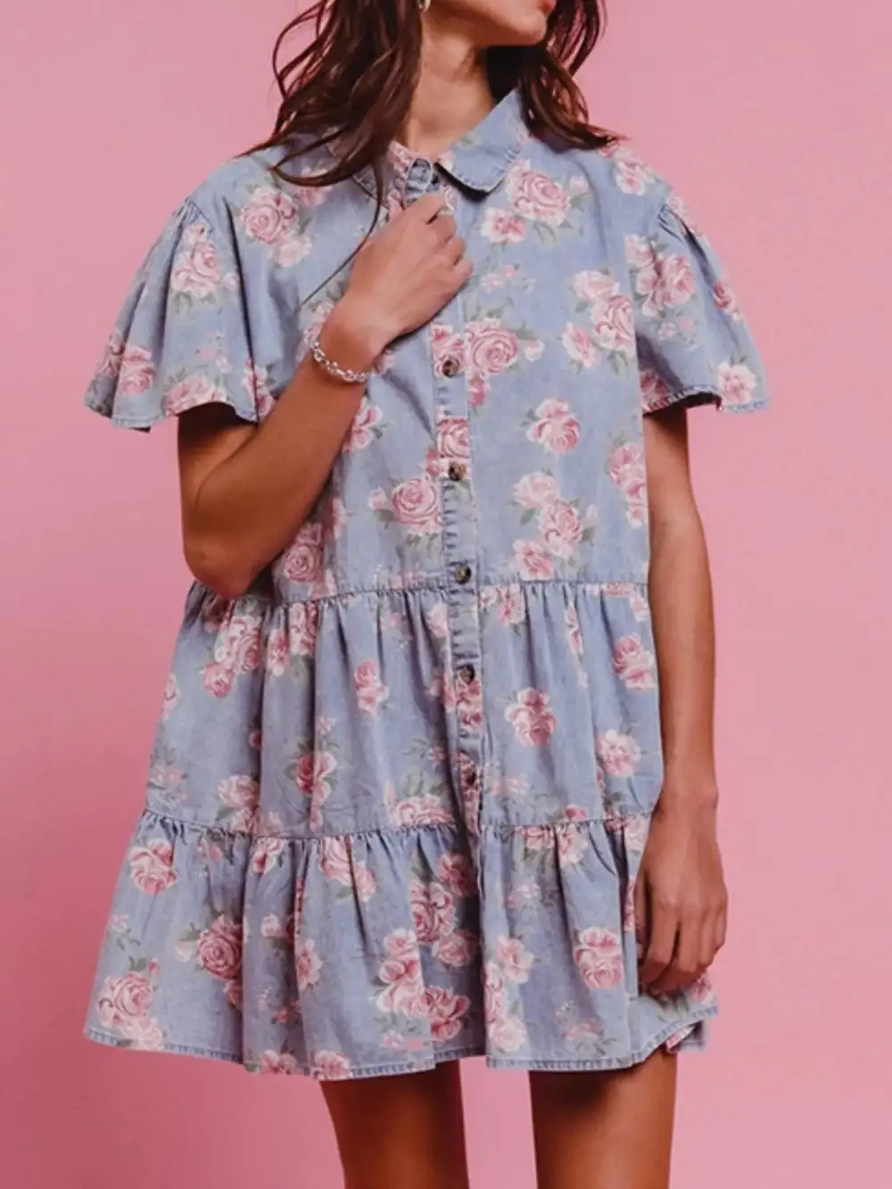 Floral Printed Denim Mini Dress