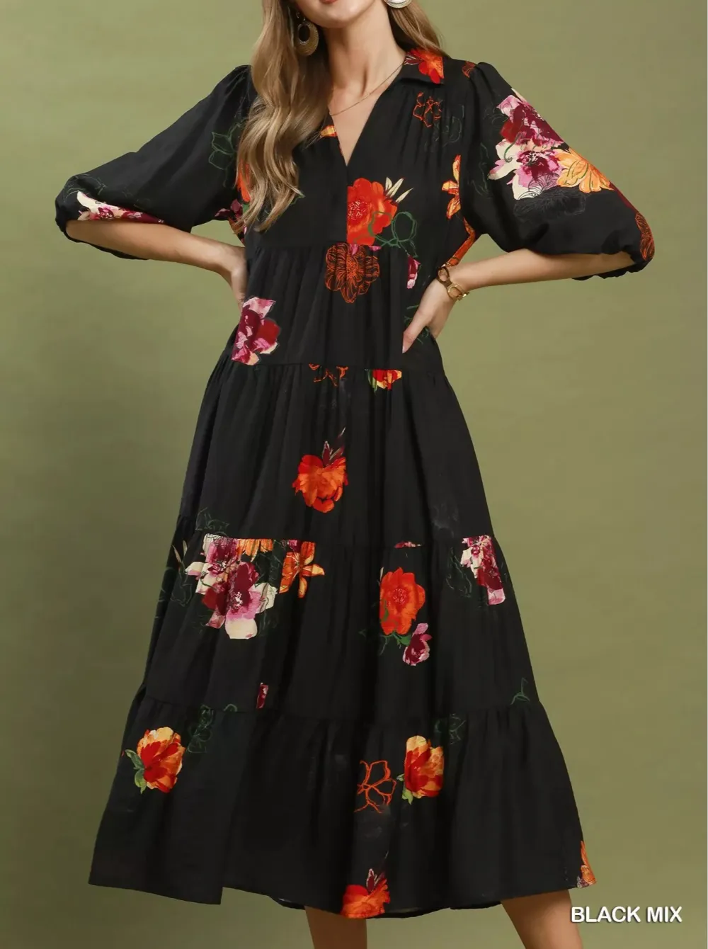 Tiered Midi Dress with Puff Sleeves