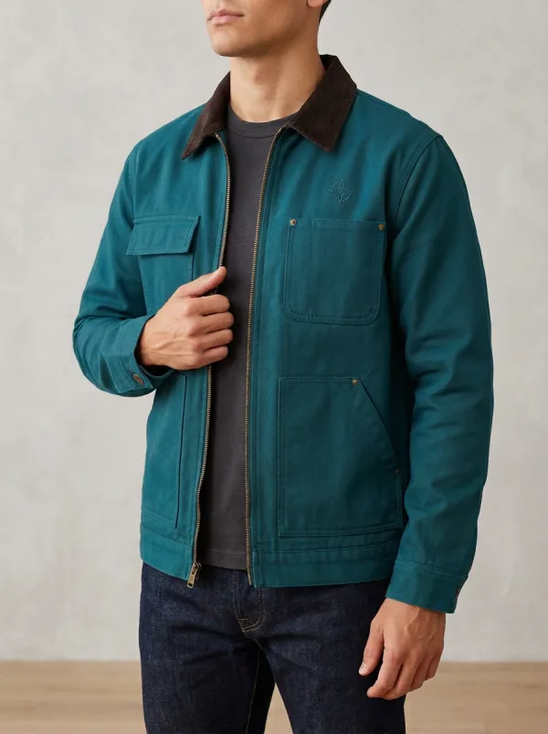 Men's Olive Green Compass Logo Embroidered Canvas Jacket