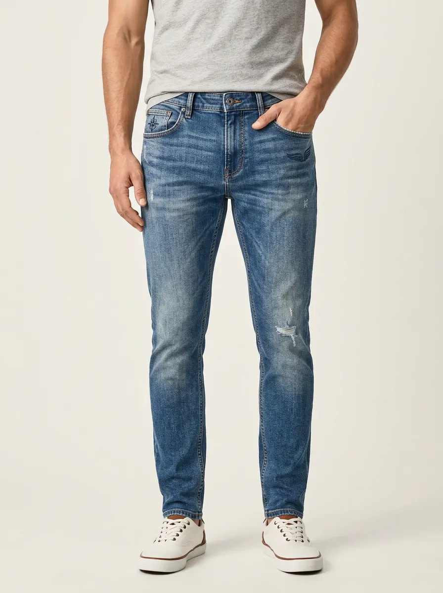 Men's Wing Embroidery Distressed Printed Slim-Fit Jeans