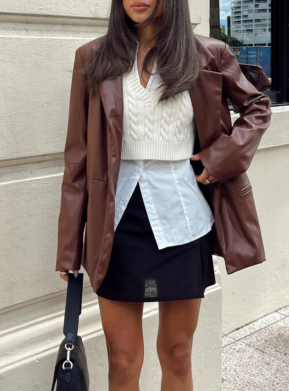 Brown Layered Look Faux Leather Blazer