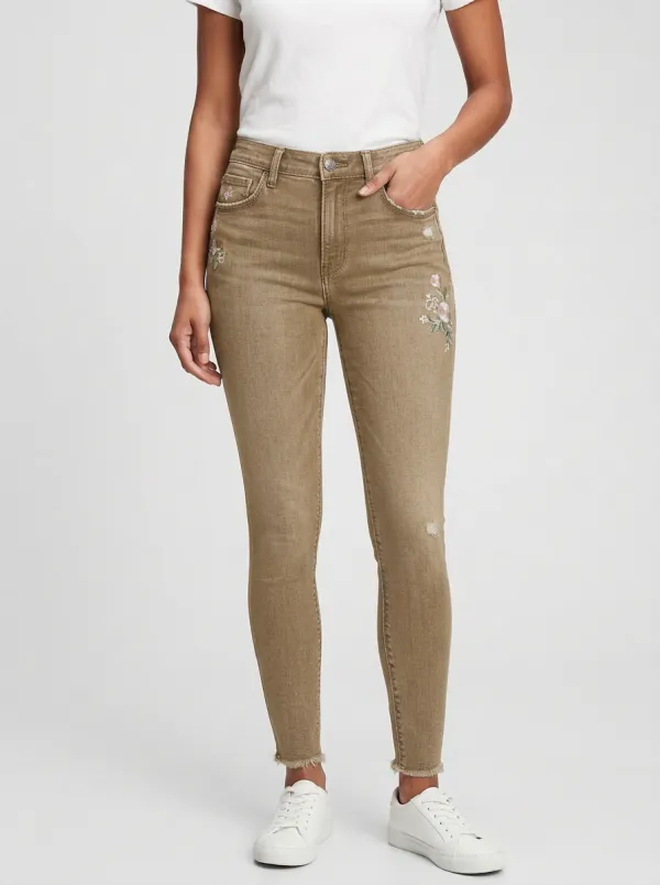 Women's Waypoint Floral Embroidery Distressed Printed Slim Jeans