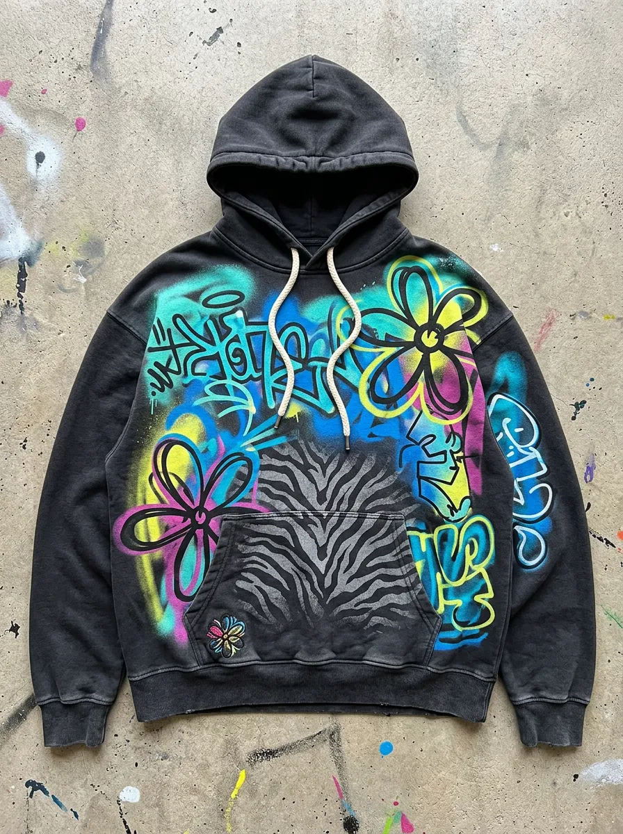 Men's Streetwear Graffiti Flower Zebra Printed Hoodie