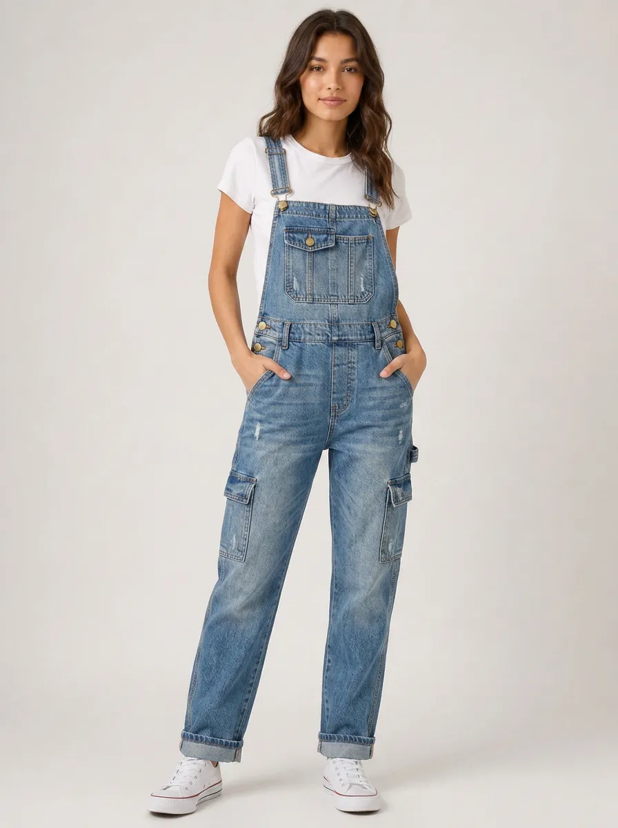 Women's Distressed Cargo Denim Overalls