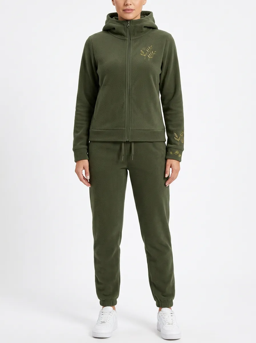 Women's Botanical Embroidered Zip Hoodie Warm Jogger Set