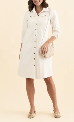 Button-Front Knee-Length Cotton Pocket Collared Long-Sleeve A-Line Dress